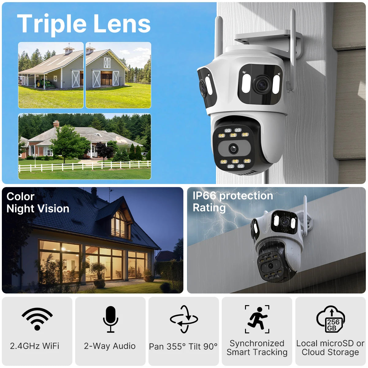 Three Lens PTZ IP Camera Outdoor HD Three Screen WiFi Security Camera Auto Tracking Dual Len Wireless CCTV Camera ICsee