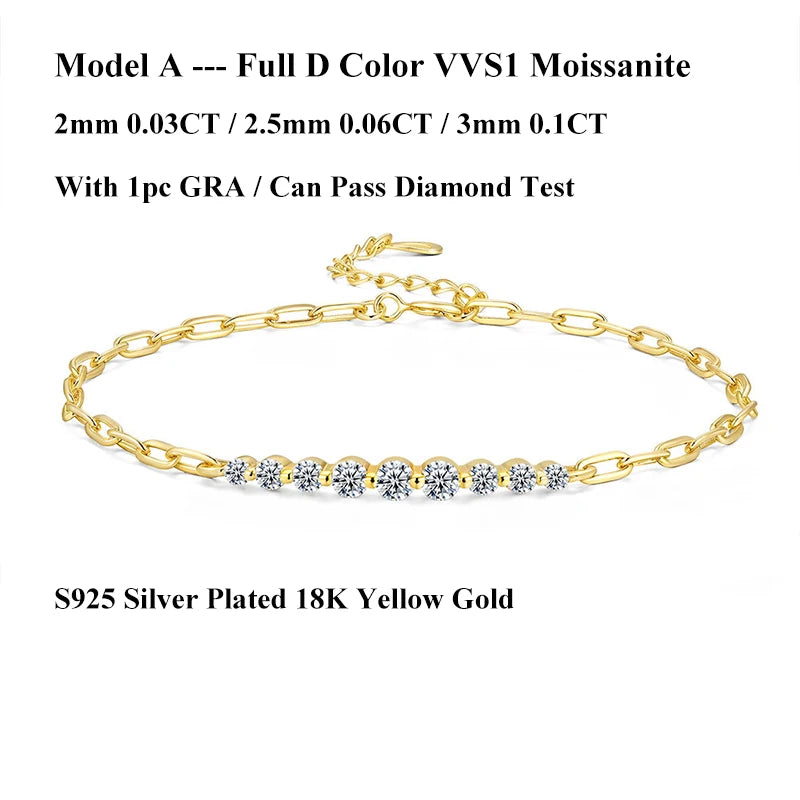 EWYA Micro Full 2/2.5/3mm D Color Moissanite Diamond Tennis Bracelet for Woman 925 Silver Plated 18k Adjustable Link Bracelets