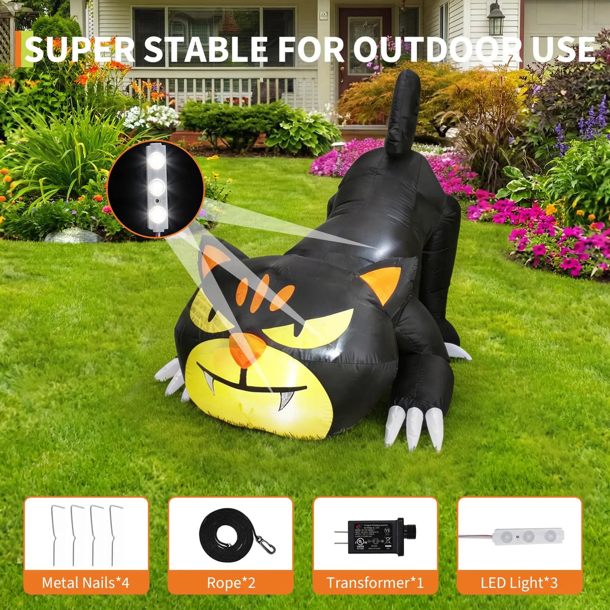 7ft Lighted Halloween Inflatable Black Cat Waterproof LED Outdoor Yard Decor for Garden Lawn and Trick or Treat Events Blow Up Holiday Party Spooky Night Display Prop Supplies
