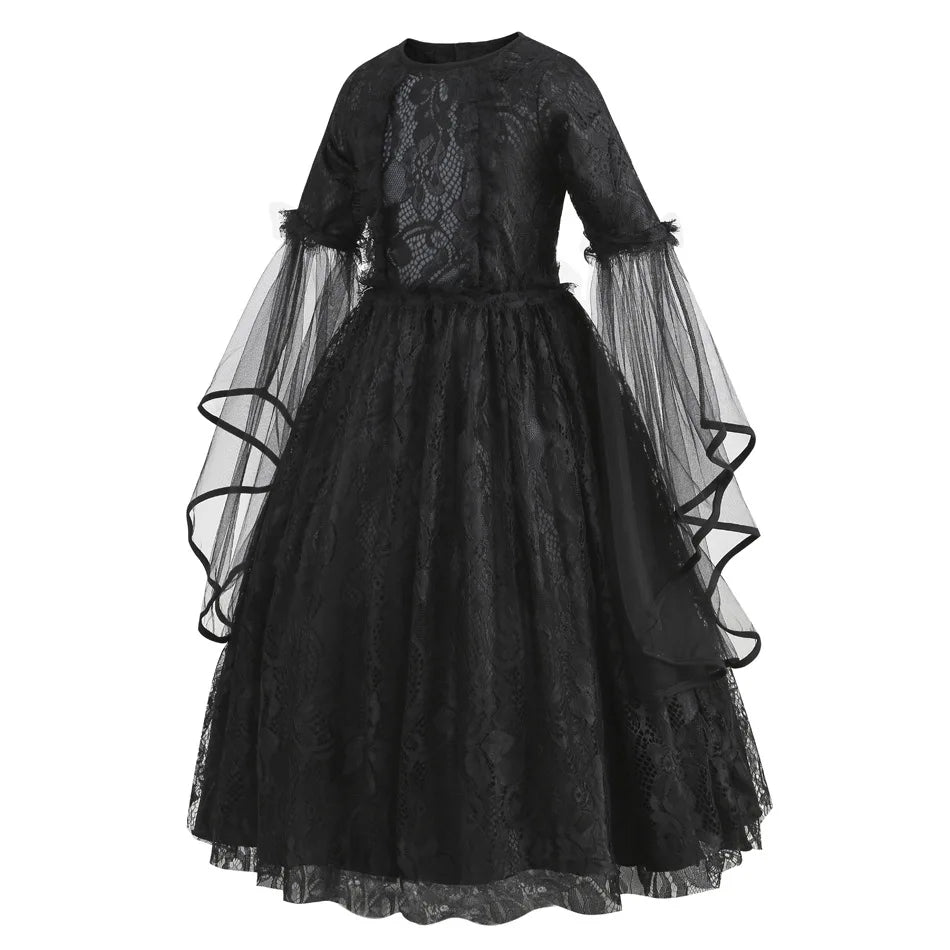 2026 Halloween Carnival Girls Play Black Evil Witch Vampire Elegant Cute Fluffy Lace Dress + Hairband + Raven Accessories Set