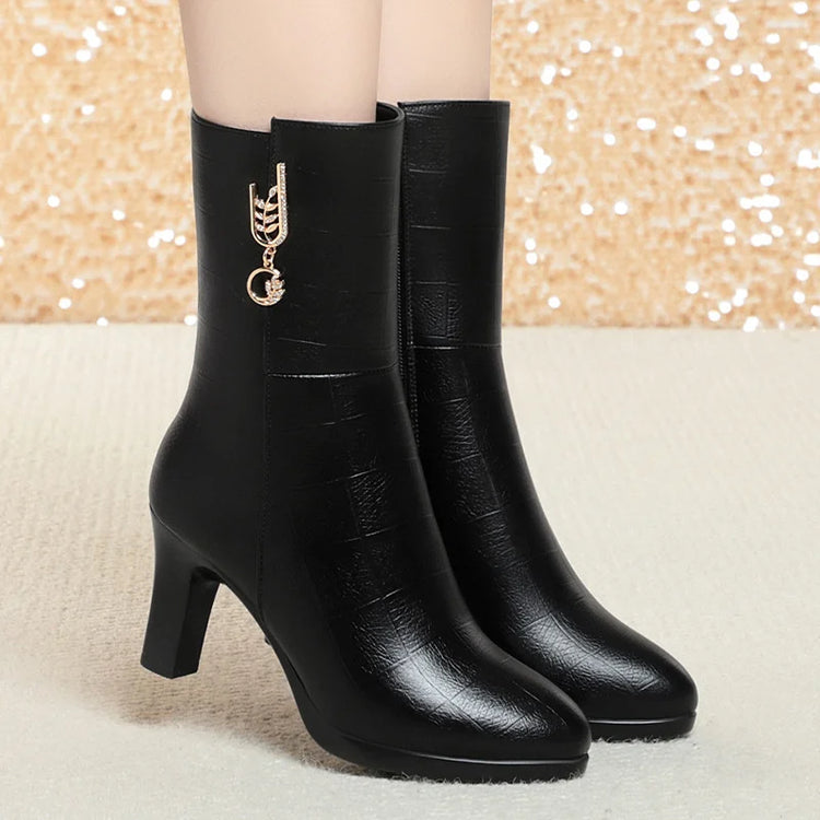 Women's Autumn Winter Fashion Leather Boots Warm High-heeled Plush Trend Mid-calf Zipper Round Head Mother Cotton Boots Outdoor