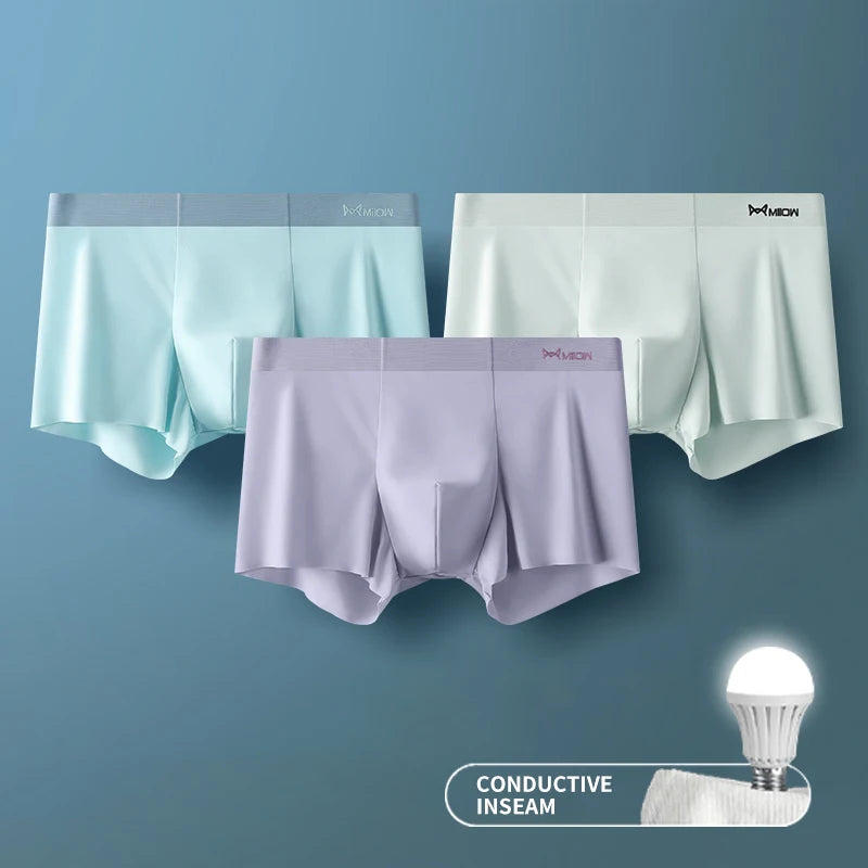 MIIOW 3Pcs Ice Silk Man Underwear Boxer Metal Fiber Antistatic Men Underpants Seamless Cut Hem Men's Panties Boxers Shorts Trunk