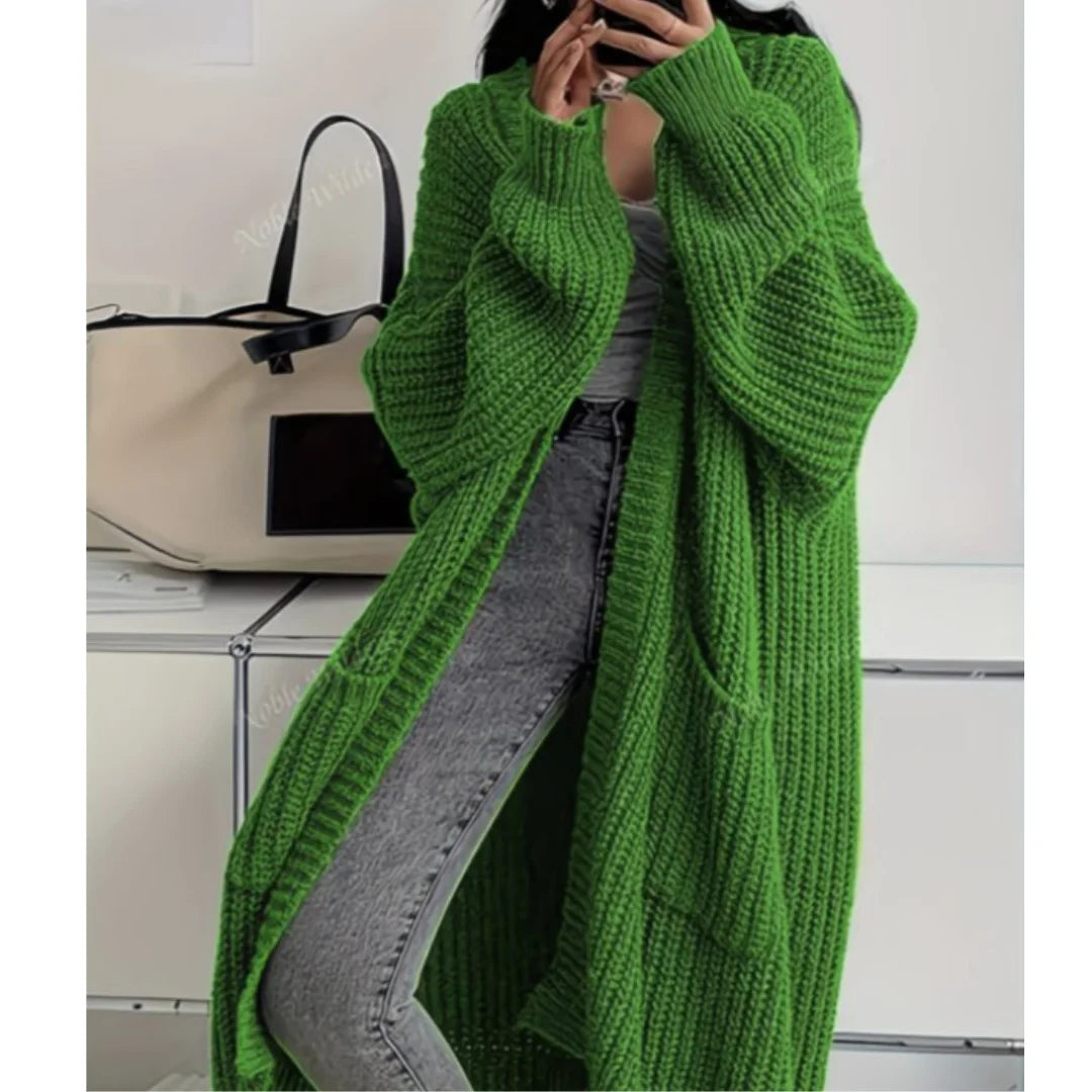 Women Knitted Cardigan Autumn Loose V-neck Long Sleeve Casual Midi Outerwear Simple Sweater Coat Basic Soft Y2K Jacket All-match