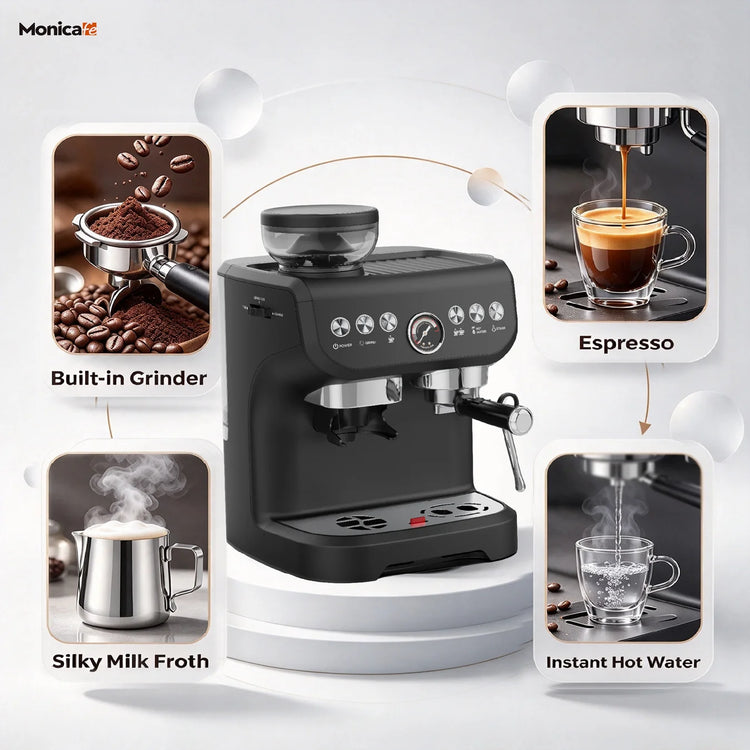 220V Semi Automatic Espresso Coffee Machine  with Grinder Milk Frother Hot Water Electric Coffee Maker 15bar for Home cafe Latte