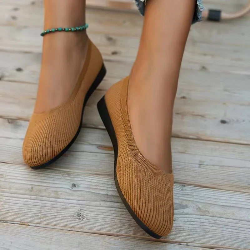 Women Round Toe Knitted Ballet Flats Breathable Slip on Flat Soft Sole Lightweight Casual Daily Walking Loafers Zapatos Mujer