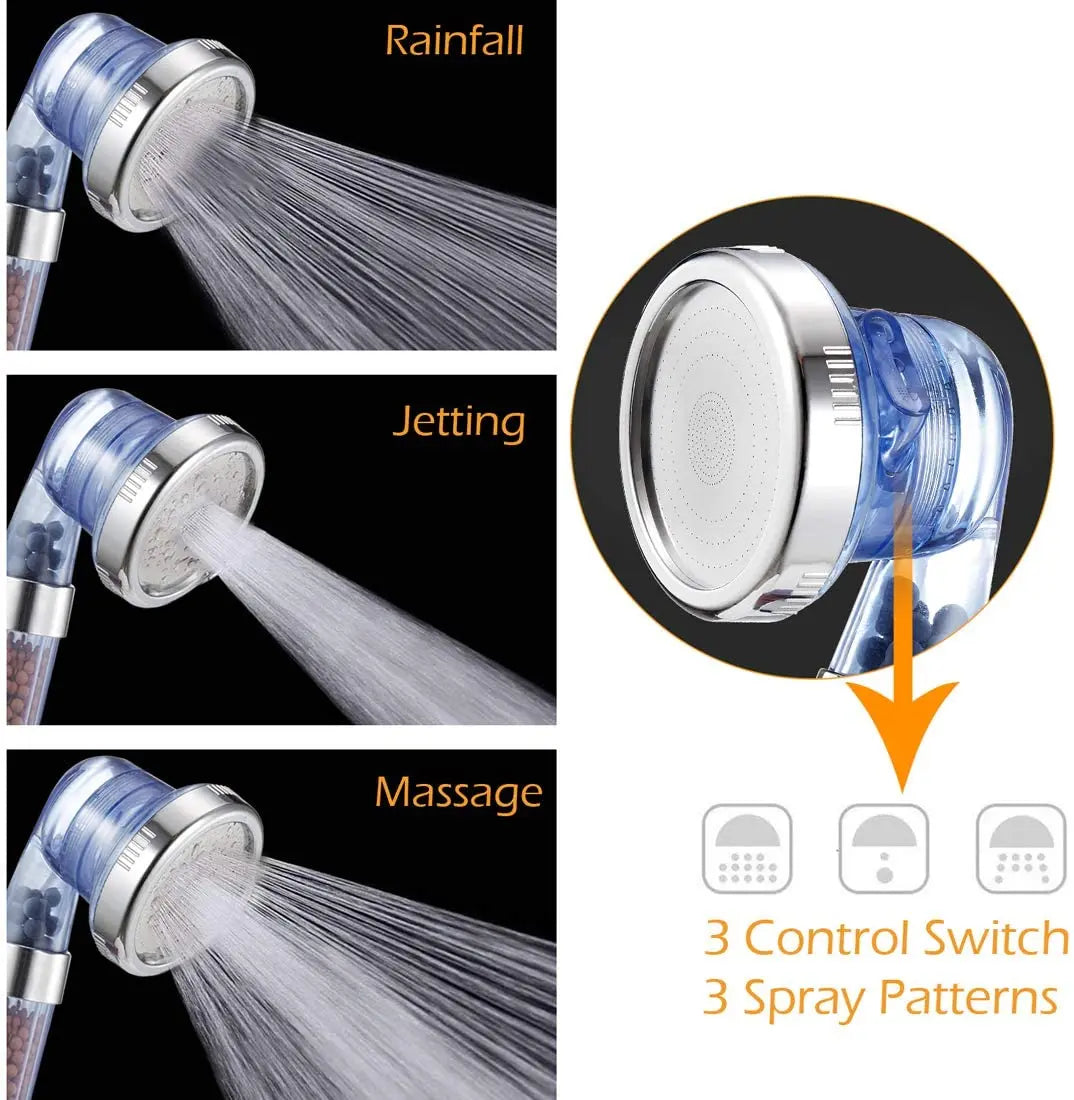 New 3 Modes Filtered Shower Head for Hard Water Handheld High Pressure Showerhead with Mineral Stones Eco Spa Bathroom Shower