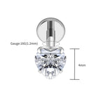 Right Grand ASTM F136 Titanium 16G Heart CZ Threaded Labret 3mm/4mm/5mm CZ Cartilage Tragus Helix Nose Stud Piercing Jewelry