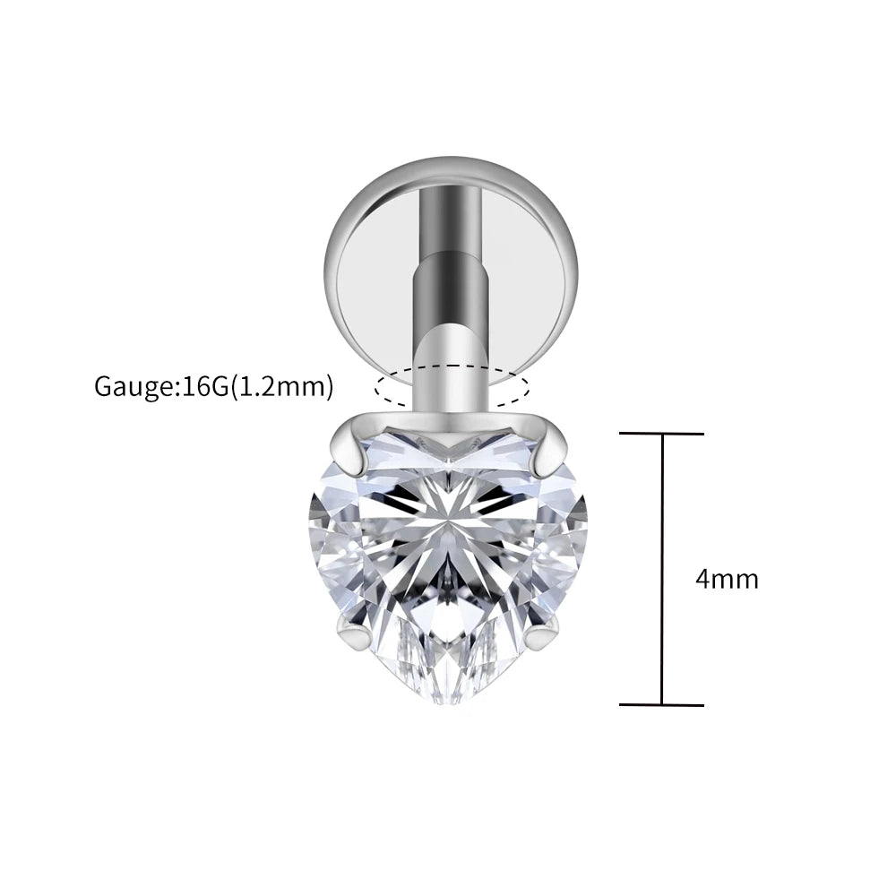 Right Grand ASTM F136 Titanium 16G Heart CZ Threaded Labret 3mm/4mm/5mm CZ Cartilage Tragus Helix Nose Stud Piercing Jewelry