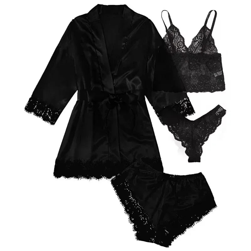 Women's Summer Sexy Pajama Pants Set 4 Pieces Lace Satin With Silk Sleepwear Robe Fashion And Comfortable Nightwear