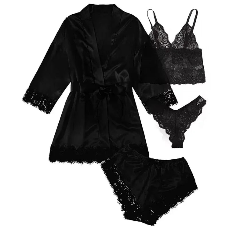 Women's Summer Sexy Pajama Pants Set 4 Pieces Lace Satin With Silk Sleepwear Robe Fashion And Comfortable Nightwear