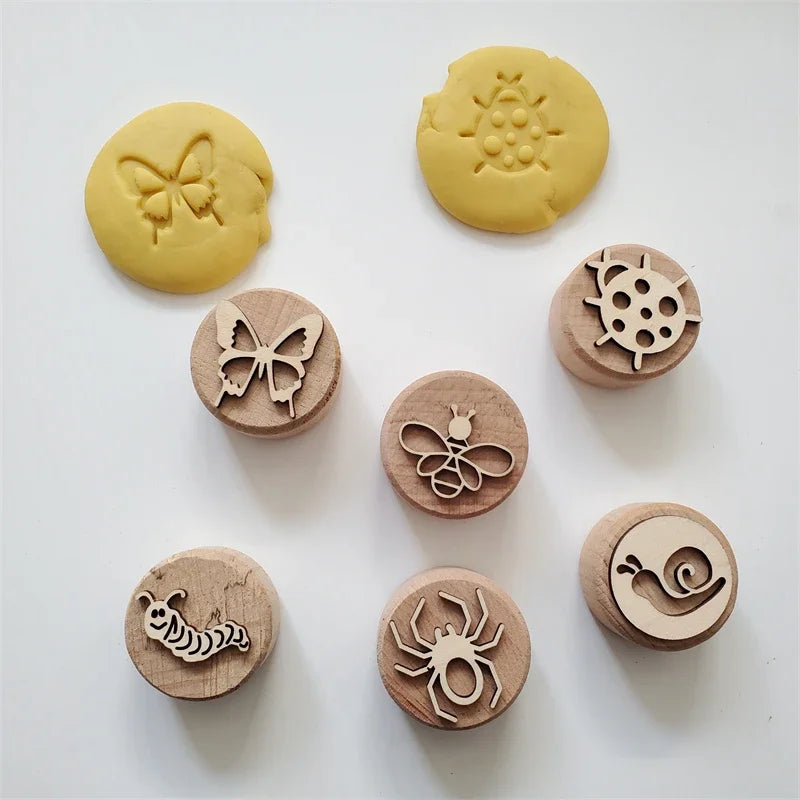 Kids Montessori Wooden Play Dough Stampers Tools Weather Insect Nature Stamps Playdough Fun Activity for Children Sensory Toys
