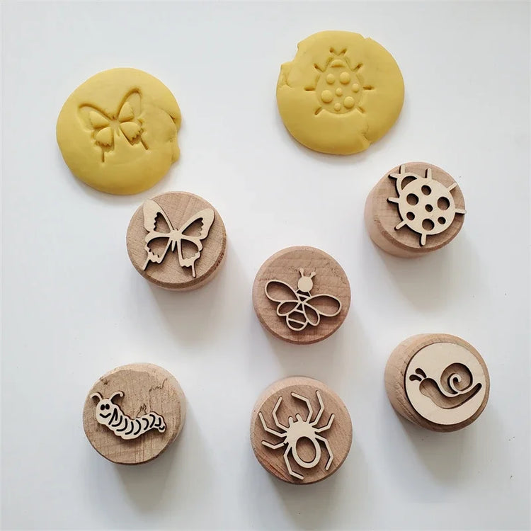 Kids Montessori Wooden Play Dough Stampers Tools Weather Insect Nature Stamps Playdough Fun Activity for Children Sensory Toys