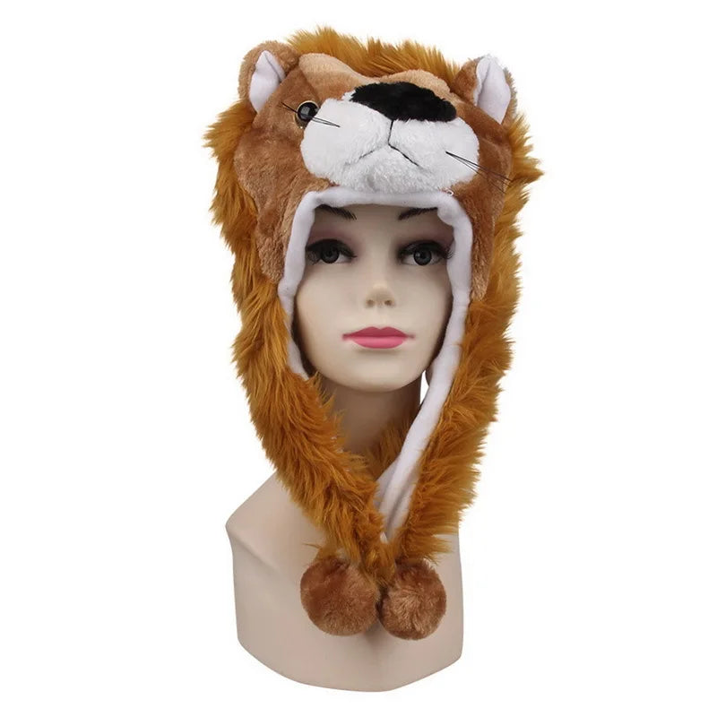 Fashionable Children's Winter Hat Plush Tiger Head Design Scarf Neck Protection Halloween Performance Cap Kids Warm Cozy Hat