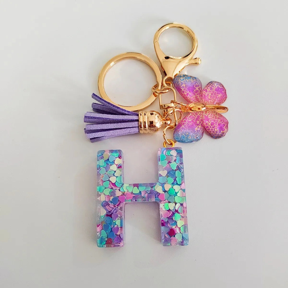 Fashion butterfly Fringe Initial Keychain Drop Glue Blend Sequin A-Z26 Letter Keychain Cute Ladies Student Bag Accessory Gift