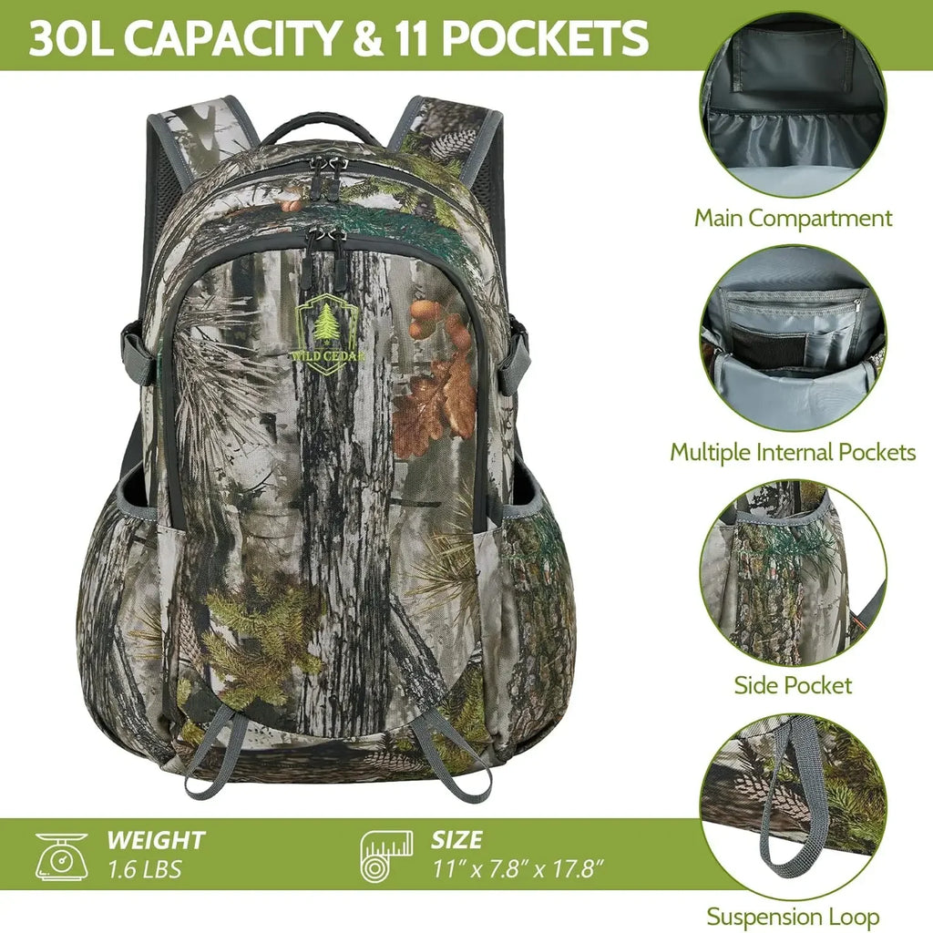 30L Camo Hunting Backpack with 11 Pockets, Small Lightweight Hunting Bag