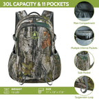 30L Camo Hunting Backpack with 11 Pockets, Small Lightweight Hunting Bag