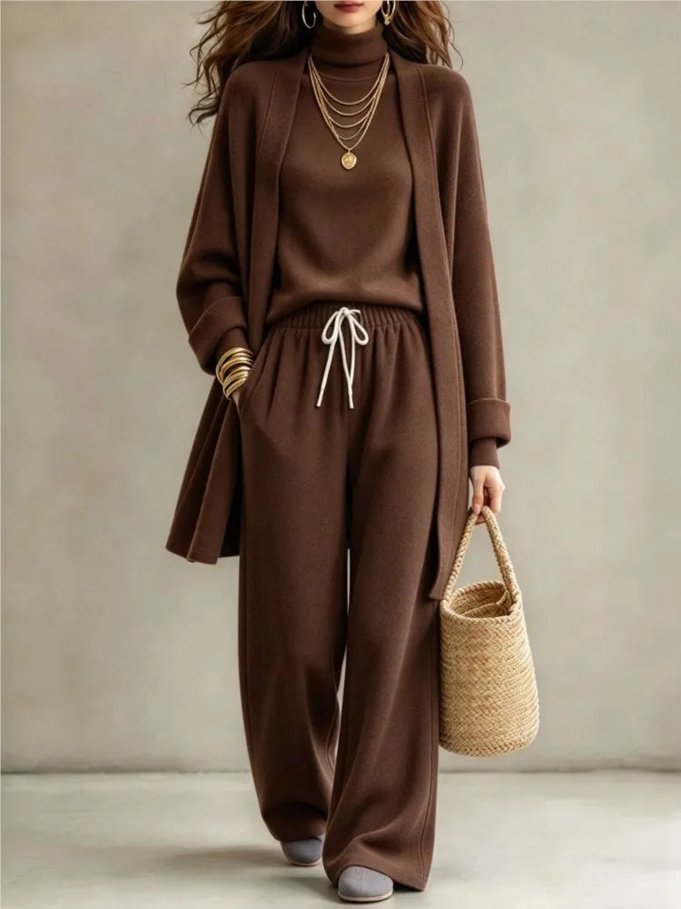 Autumn Winter New Fashion Double-sided Velvet High Collar Base Shirt Long Coat 3-piece Set Women's Casual Warm Wide Leg Suit2026