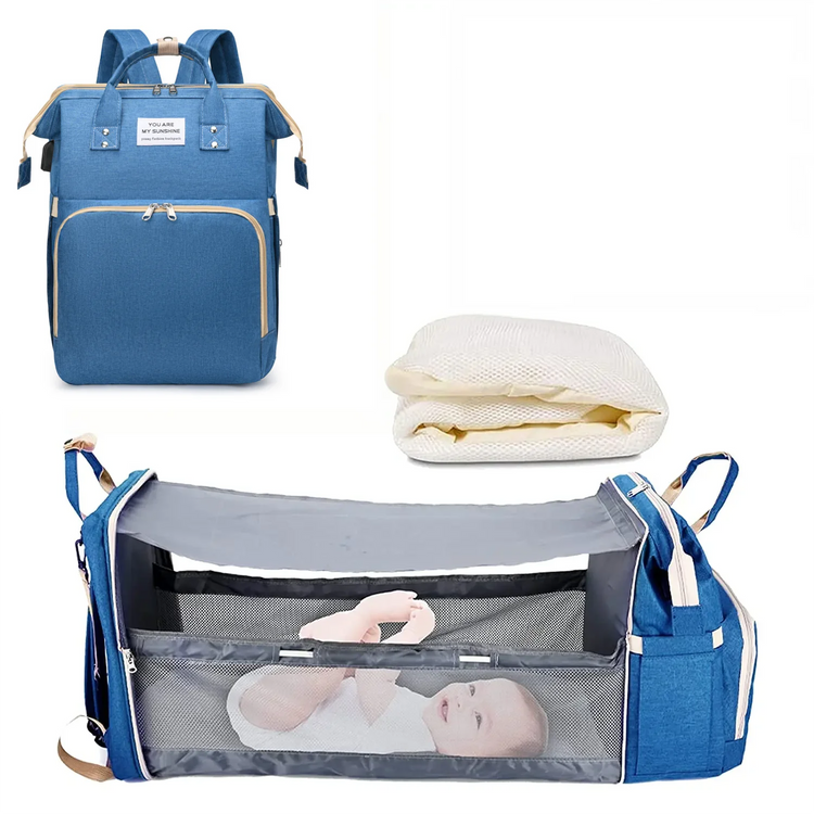 Foldable 3-in-1 Diaper Bag Backpack with USB Charge Waterproof Travel Bag Baby Bed And Changing Mat Included