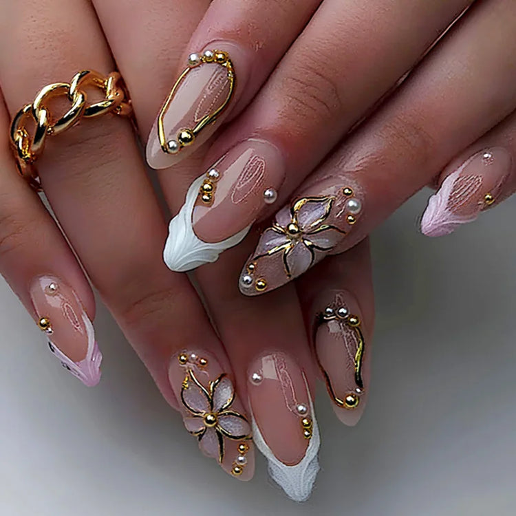 24Pcs Pink Almond False Nails Butterfly Ballet with French Design Wearable Fake Nails Simple Artificial Press on Nails Tips Art