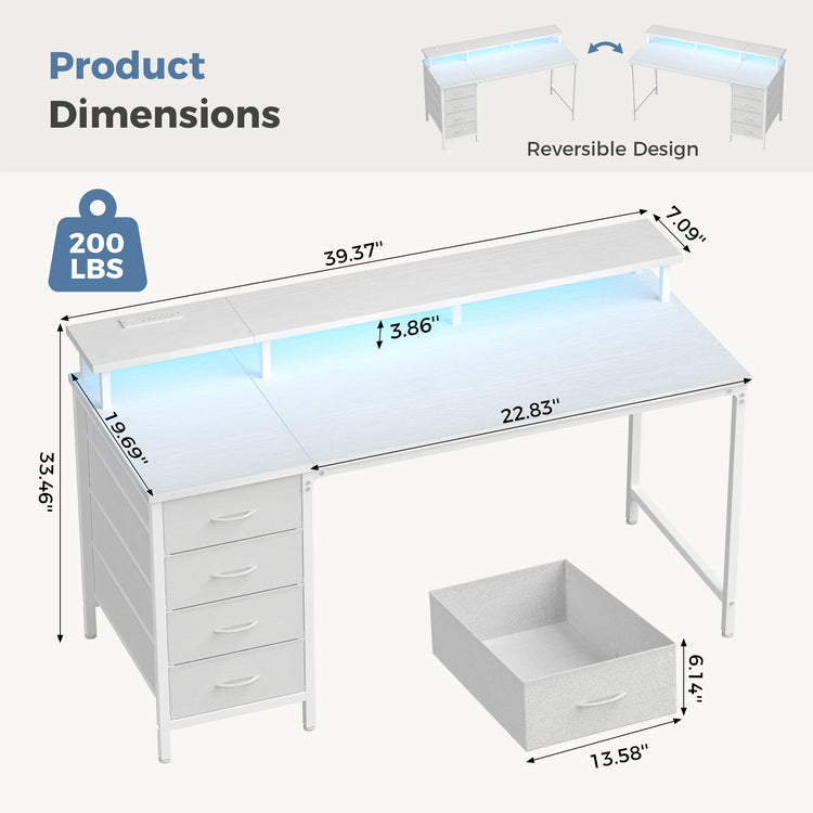JHK 40In to 47In Gaming Computer Desk with 4 Storage Drawers Wood Office Desks with Power Outlets and LED Lights for Home Office