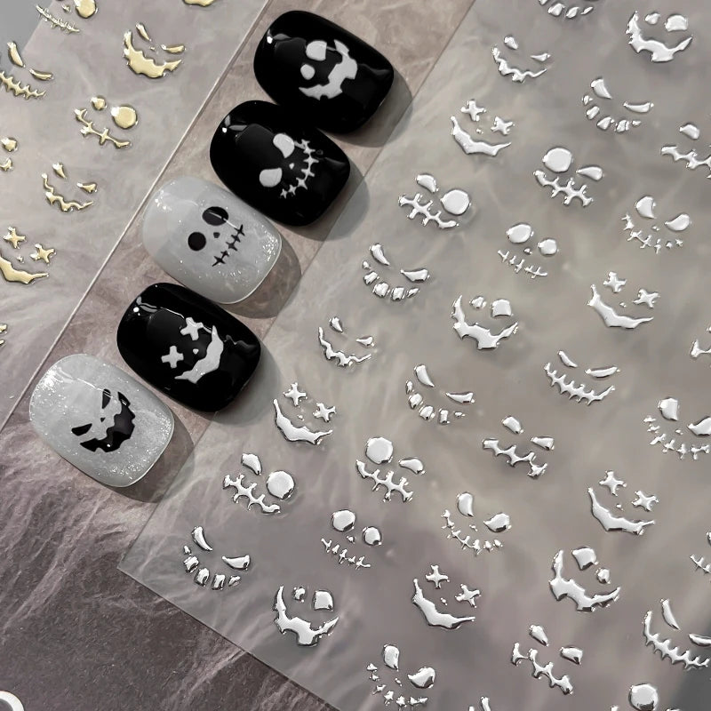 Wicked Pumpkin Expression Horror Face Dark Halloween Metallic Flat Cute Spooky Adhesive Nail Charms Art Sticker Manicure Decals