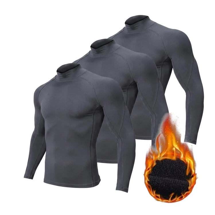 3Pack Men Fleece High Neck Compression Long Sleeve T-shirt Autumn Winter Elastic Tight Athletic Base Layer Warm For Gym Fitness