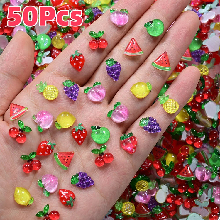 50Pcs 3D Summer Fruits Nail Charms Strawberry,Watermelo,Cherry,Peach,Lemon Flatback Nail Art Decoration Hairwear Manicure Decor