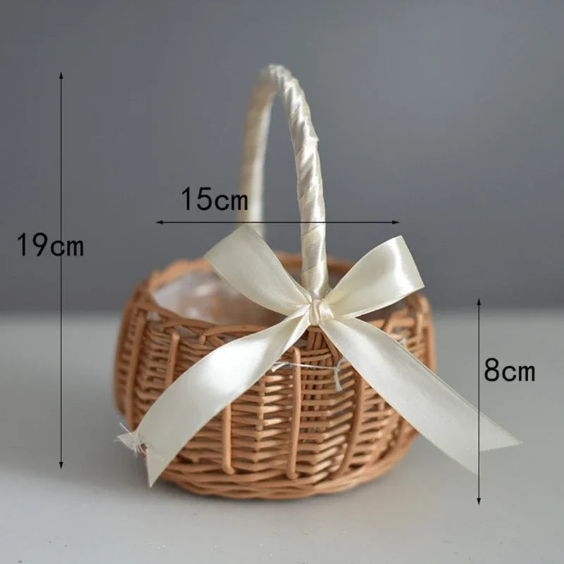 1pc Hand-woven Wedding Flower Basket With Handle Wicker Sundries Basket Wedding Flower Basket For Home Picnic Storage Basket