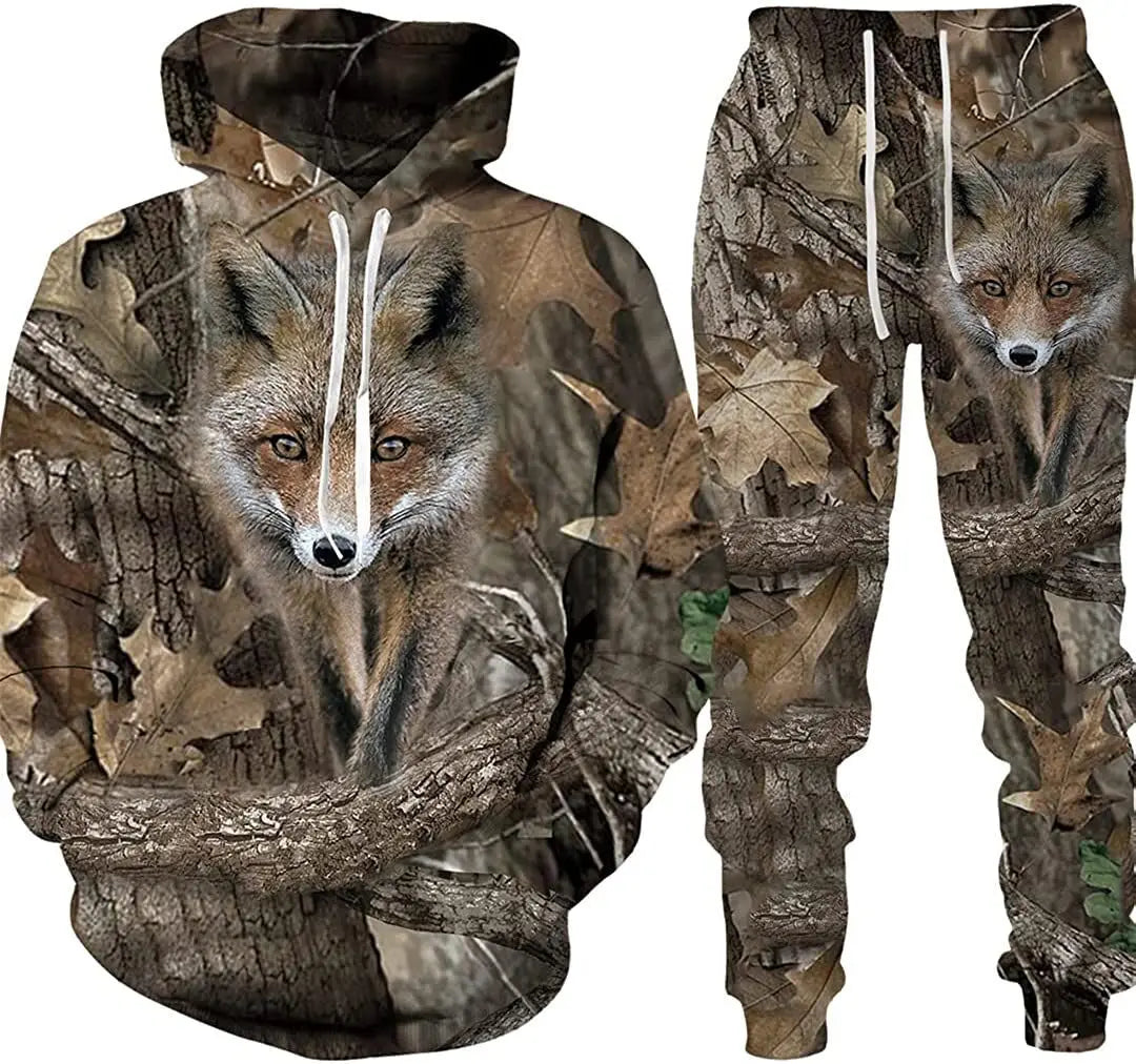 Men's Camouflage Hunting Animal Tracksuit Outfits 3D Wolf Print Hoodies 2-Piece Autumn/Winter Outdoor Sweatshirts Sweatpants Set