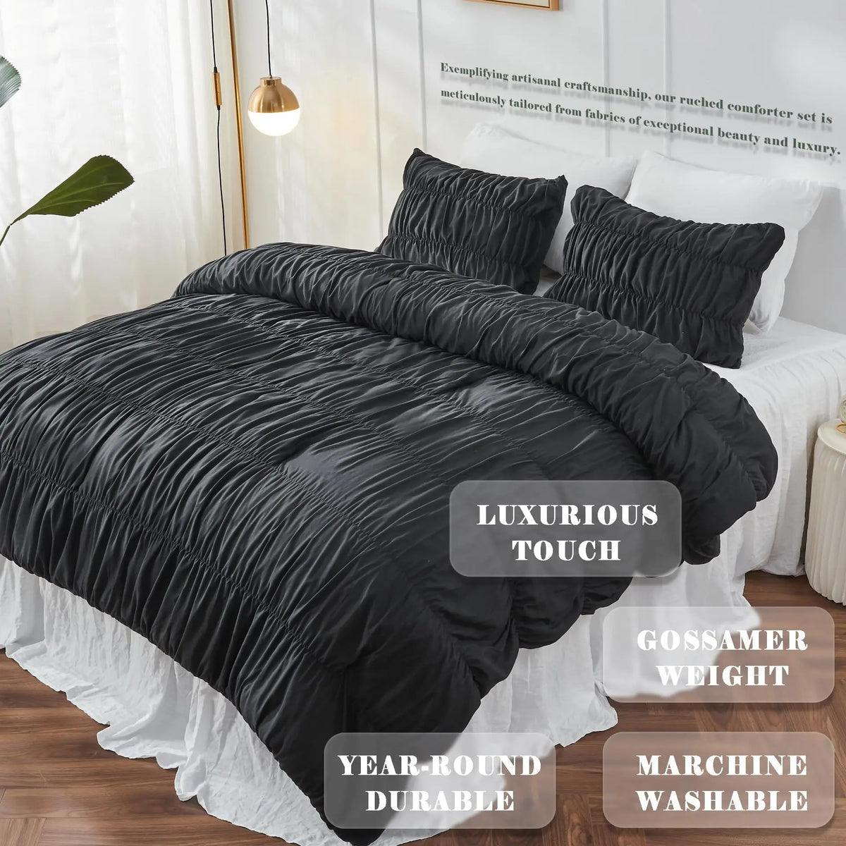 Ruched Black Duvet Cover Soft and Luxury Twin Queen King Comforter Cover Boho Shabby Chic Bedding Set - Fluffy 2/3 Piece Set