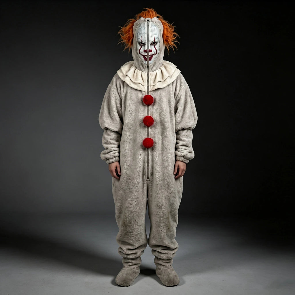 Clown Onesie Costume Cosplay Movie Role-playing Props Clown Cosplay Costume Pajama Sleepwear Halloween Bodysuit for Men Women