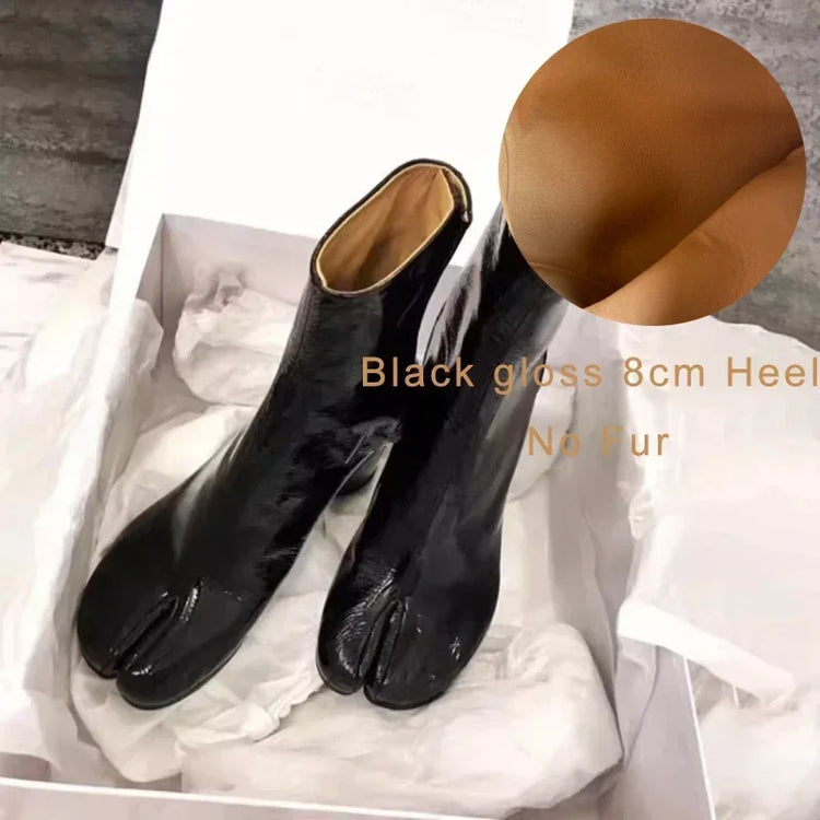 Luxury Brand Designer Tabi Split toe Ankle Boots Women Genuine Leather Chunky Round Heel Short Boots 2024 Autumn Winter Shoes