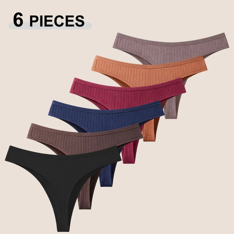 6Pcs/Set Seamless Cotton Thongs Panties For Women Sexy Low Rise Solid Color G-String Underwear Female Ribbed Breathable Lingerie