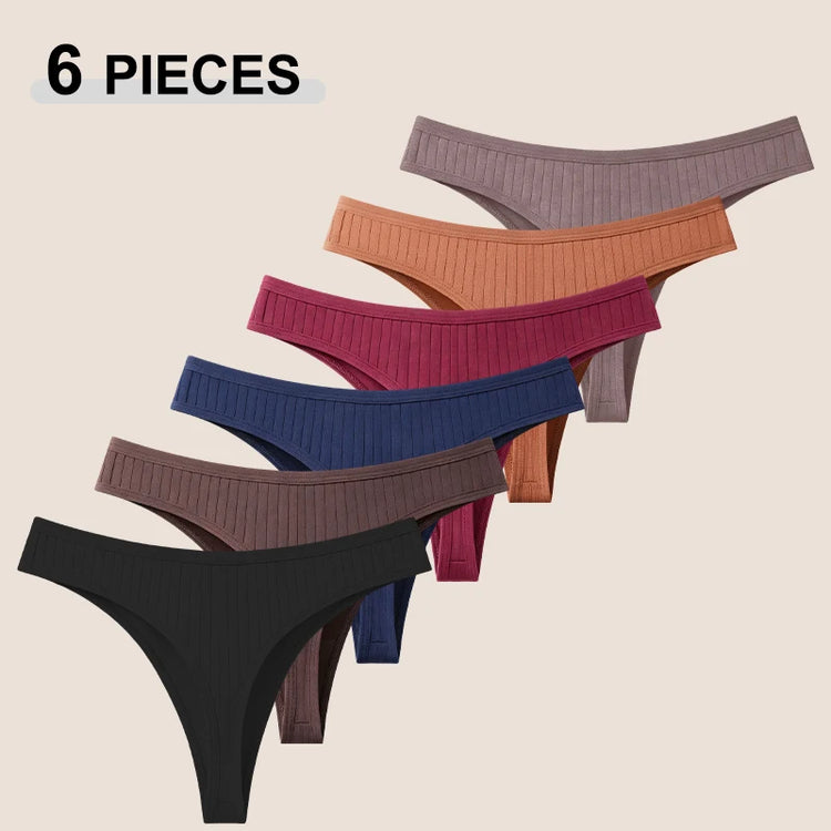 6Pcs/Set Seamless Cotton Thongs Panties For Women Sexy Low Rise Solid Color G-String Underwear Female Ribbed Breathable Lingerie