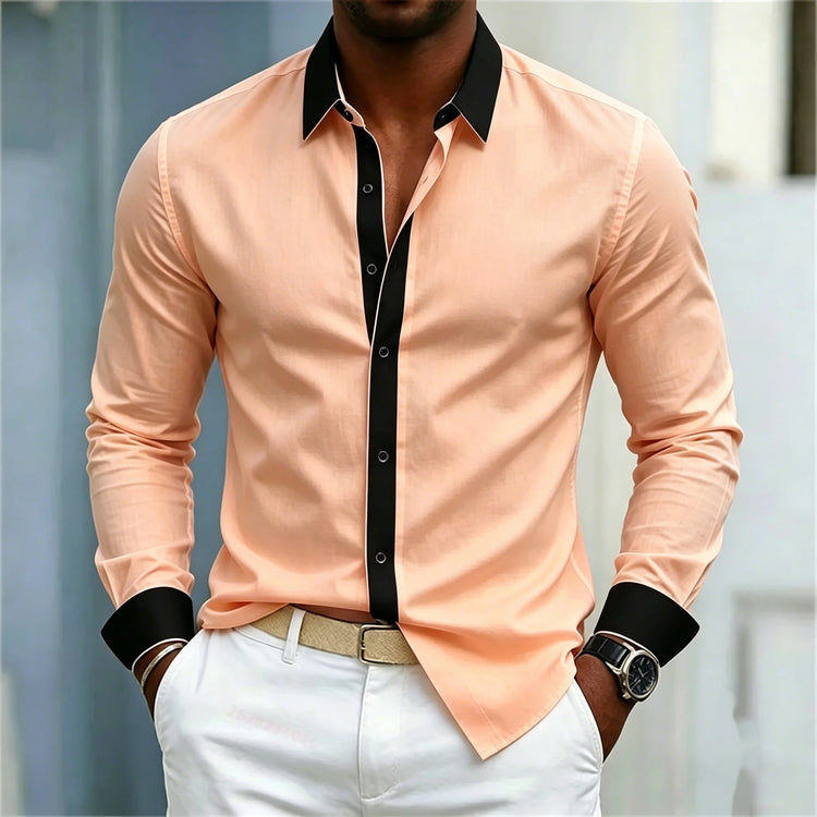 Men's Shirt Black And White Contrasting Splicing Men's Lapel Long Sleeved Shirt Slim Fit Business Casual Men's Top Size