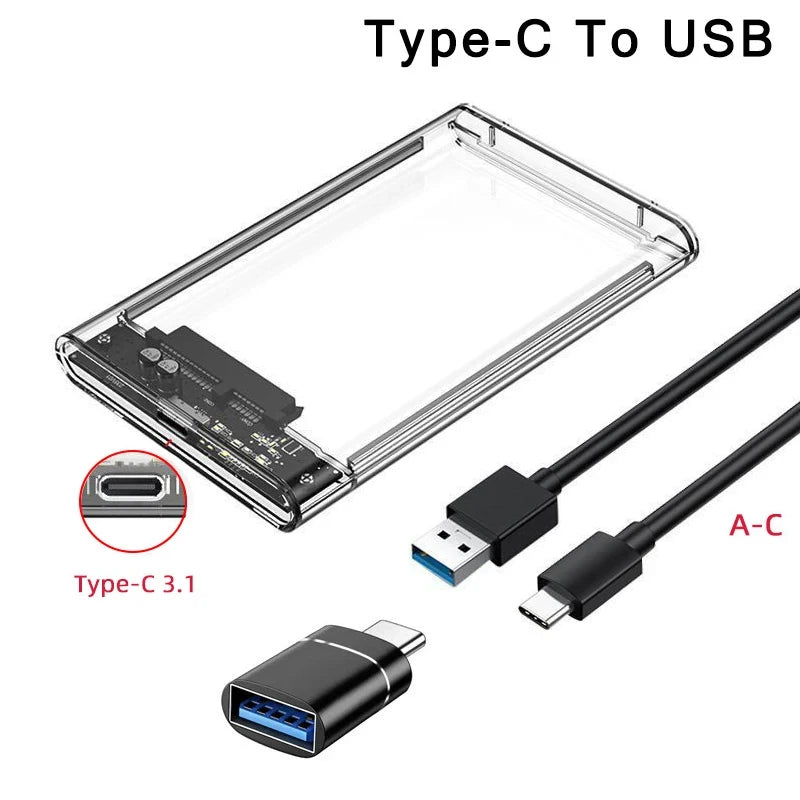 Transparent HDD Case HDD Enclosure 2.5 Inch SSD SATA To USB 2.0 Type-C Adapter Portable External Hard Drive Box Tool-Free
