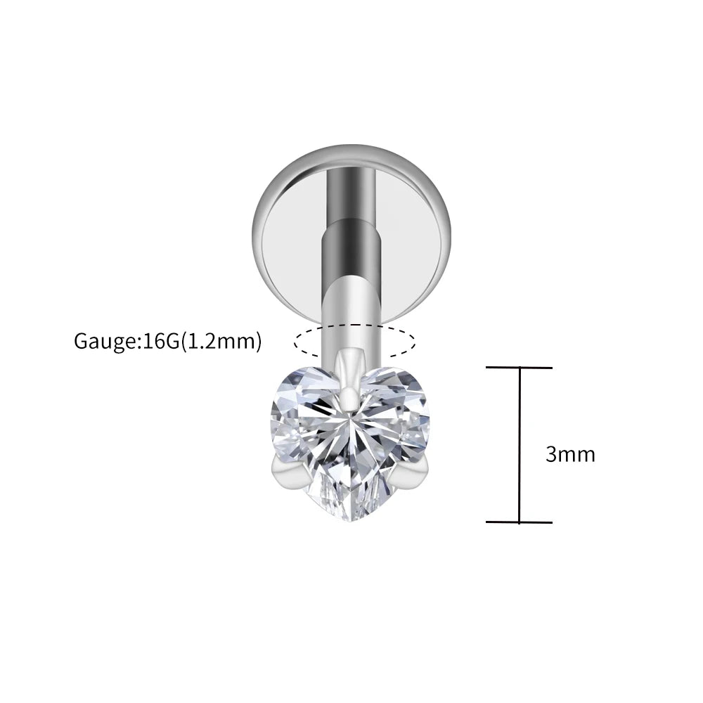 Right Grand ASTM F136 Titanium 16G Heart CZ Threaded Labret 3mm/4mm/5mm CZ Cartilage Tragus Helix Nose Stud Piercing Jewelry