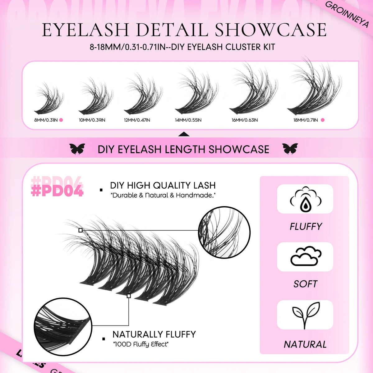 GROINNEYA DIY Lash Clusters Kit Thick Fluffy Cluster Lashes Full Set Lashes Extension with Lash Bond&Seal Individual Eyelashes