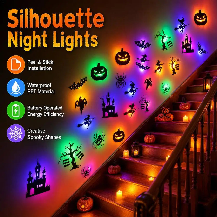 Halloween LED Wall Sticker Light Set Glowing Bat Ghost Silhouette Decals Flickering Creepy Party Decoration ﻿