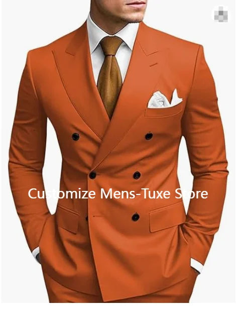 High Quality Brown Men's Suits Double Breasted Bespoke Double Breasted Peaked Lapel Formal Blazer Slim Fit 2 Piece Jacket Pants