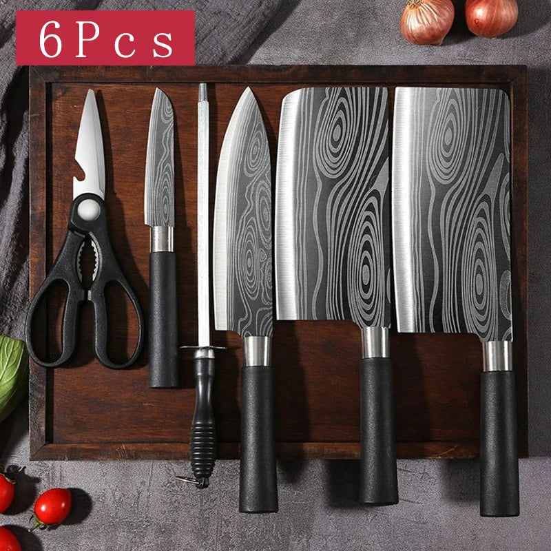 Laser Damascus Pattern Utility Kitchen Knives Scissors Sharpening Rod Set Stainless Steel Sharp Slicing Chef Knife Cooking Tool