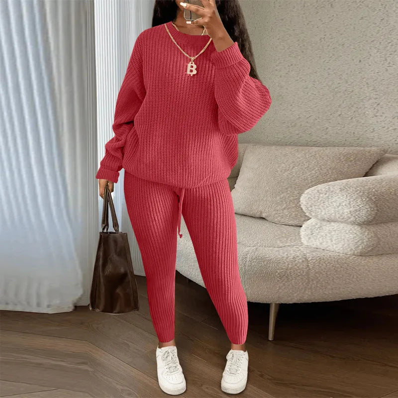 FAGADOER Knitt Sweater 2 Piece Set for Women Autumn Winter Long Sleeve O Neck Sweater + Skinny Pants Sets Casual Outfit Homewear