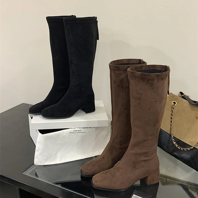Eilyken High Quality Round Toe Women Knee-High Boots Fashion Square Heels Shoes Autumn Winter Long Zipper Booties