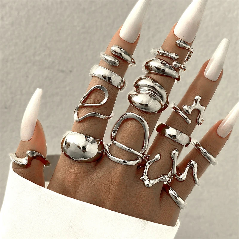 15PCS/Set Cool Oversized Smooth Abstract Lava Line Ring Set Women's Trendy Geometric Stacking Finger Ring Accessories