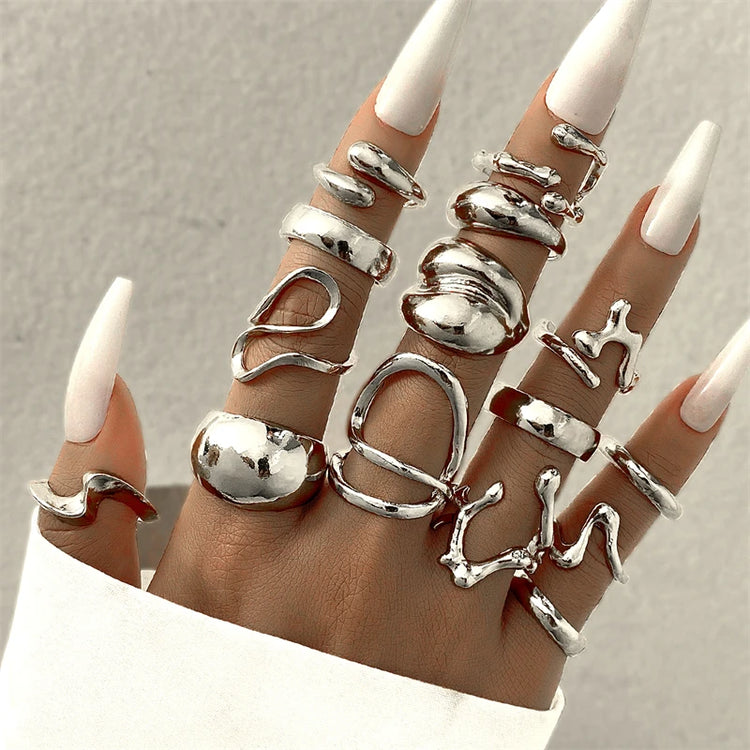 15PCS/Set Cool Oversized Smooth Abstract Lava Line Ring Set Women's Trendy Geometric Stacking Finger Ring Accessories