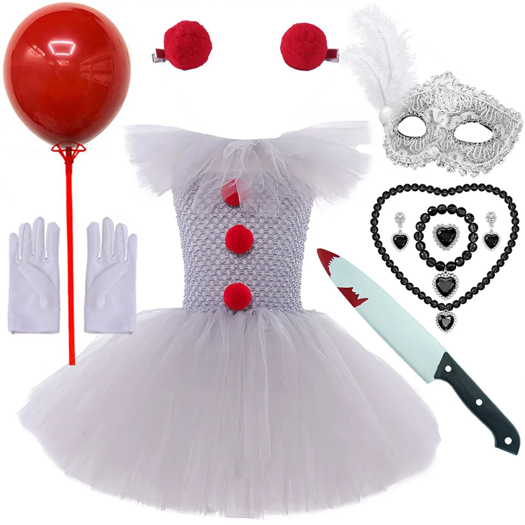 2026 Halloween Trick or Treat Carnival Party White Gray Scary Clown Mesh Fluffy Dress Girl Cosplay Joker Costume Accessories Set