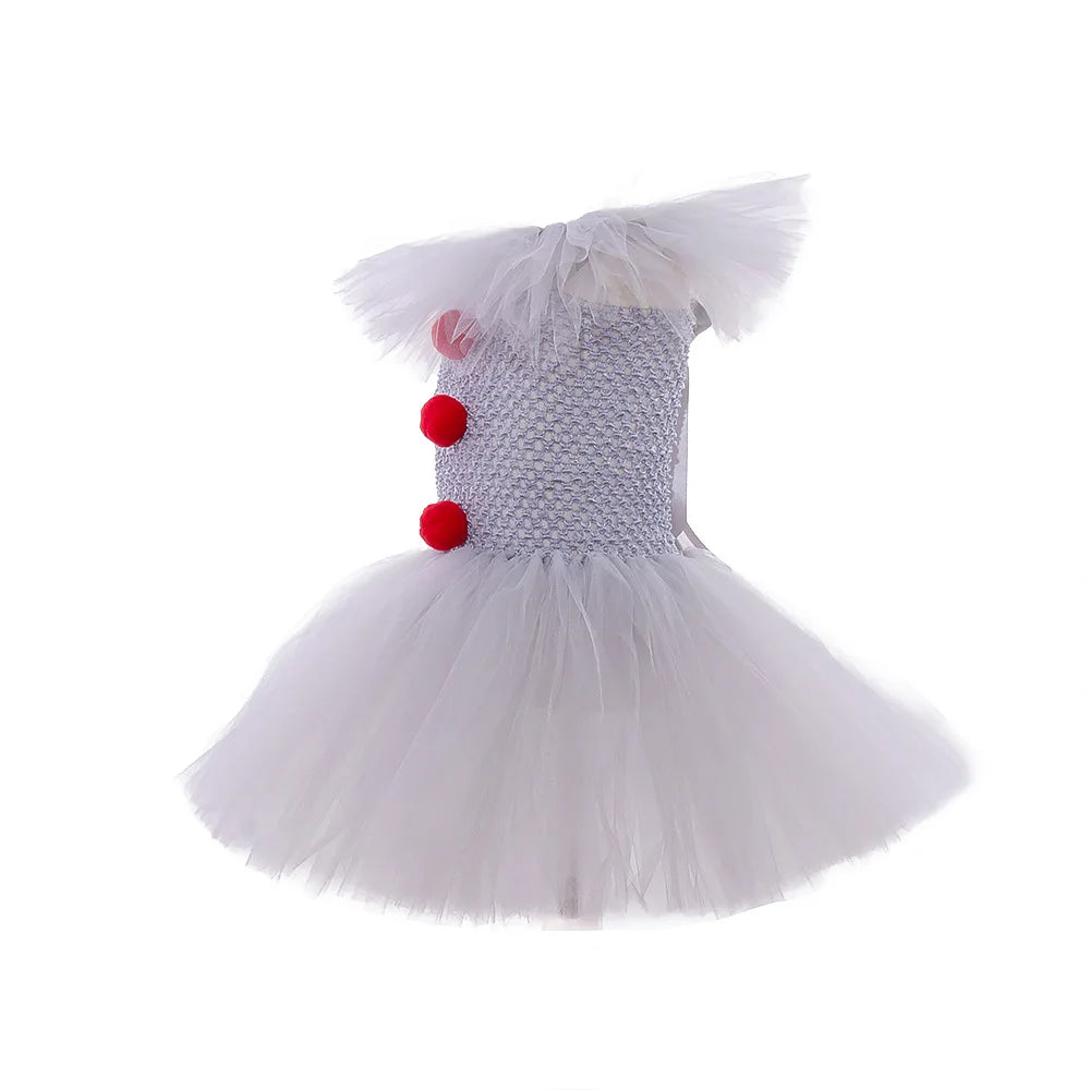 2026 Halloween Trick or Treat Carnival Party White Gray Scary Clown Mesh Fluffy Dress Girl Cosplay Joker Costume Accessories Set