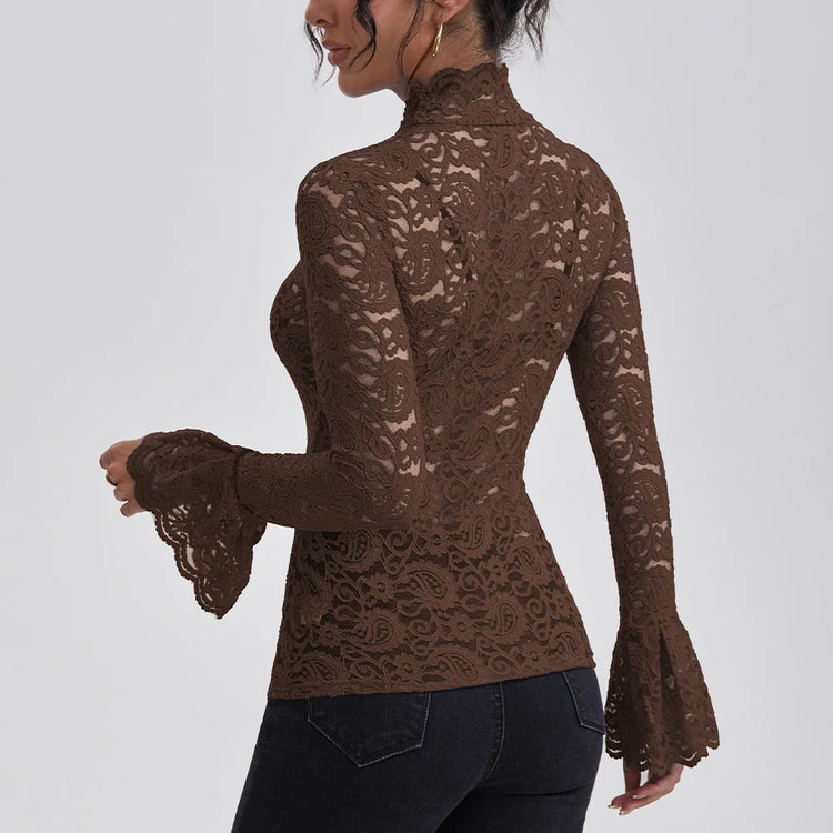Anfilia Women Lace Shirts Turtle Neck Elegant Flare Long Sleeves Hollow Out Slim-fit Crochet Sexy Blouse