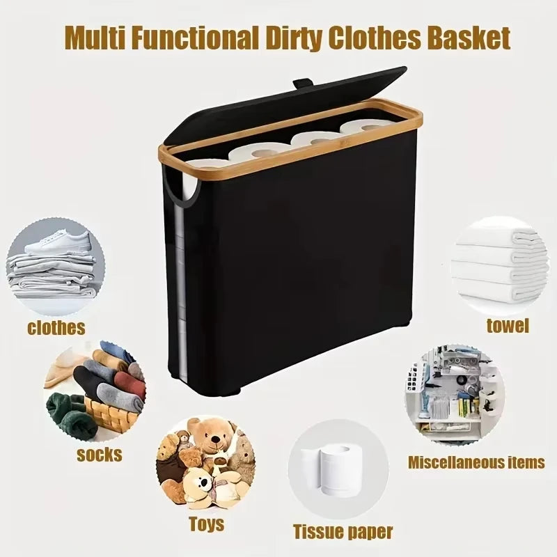 1 Storage Basket, Storage Shelf, Large Paper Holder, 12 Rolls of Toilet Paper, Storage Rack with Lid, Oxford Cloth + Bamboo Stor