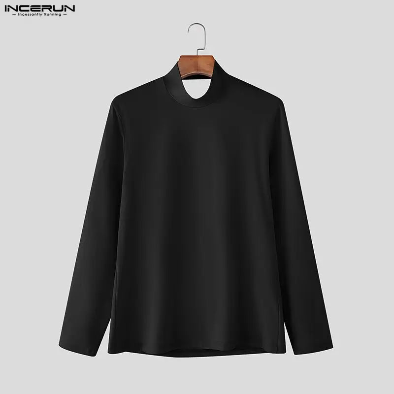 INCERUN Men T Shirt Solid Color Turtleneck Long Sleeve Hollow Out Backless Male Tee Tops Streetwear Fashion Casual Men Clothing